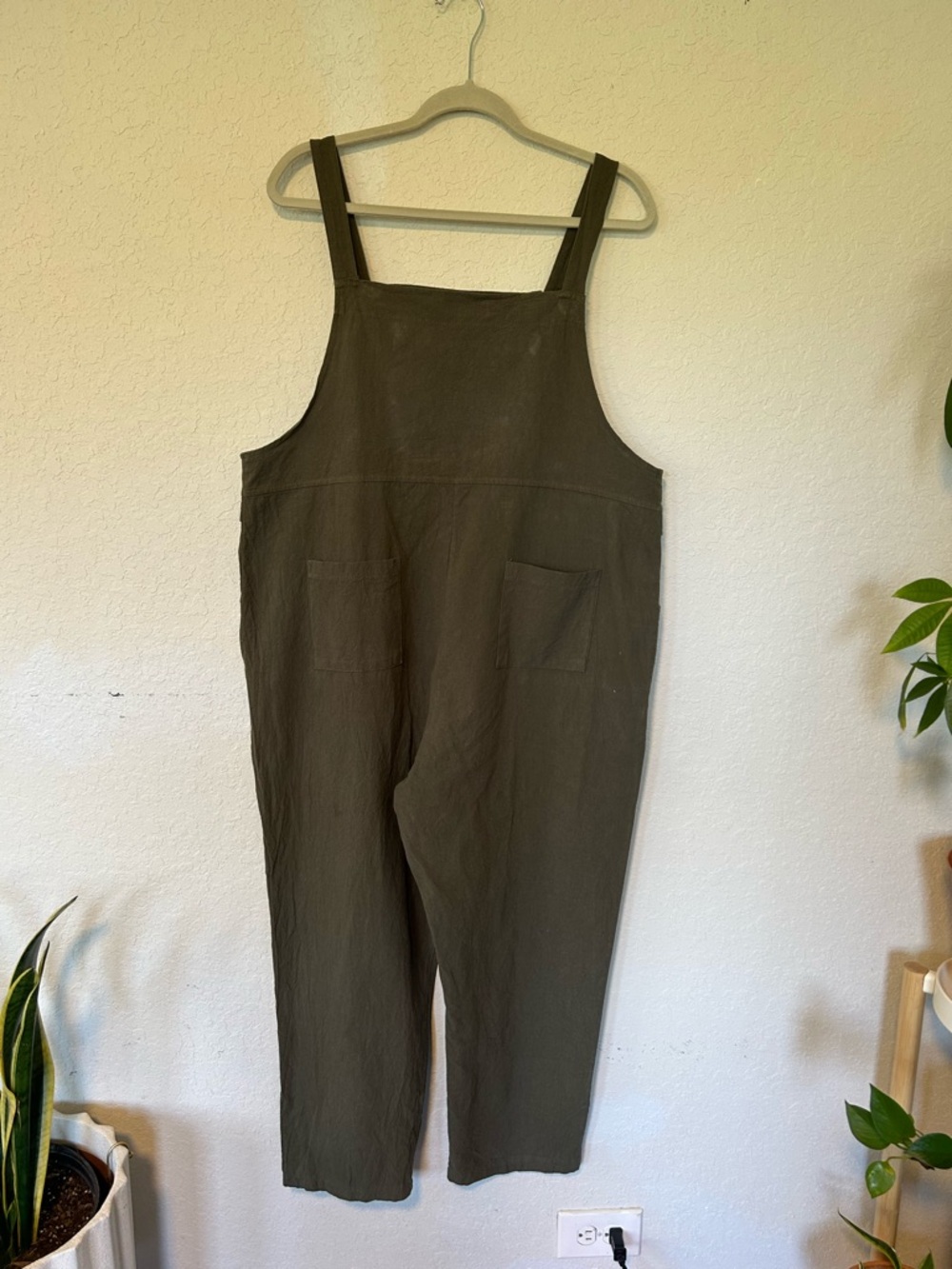 Olive Green Overalls Jumpsuit, Wide Strap Utility Romper, Farmers Market Sz L - Picture 5 of 9